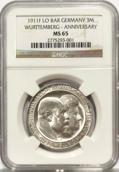 博洋堂世界钱币拍卖第162期（全场包邮） - NGC MS65 德国符腾堡1911年银婚纪念3马克银币