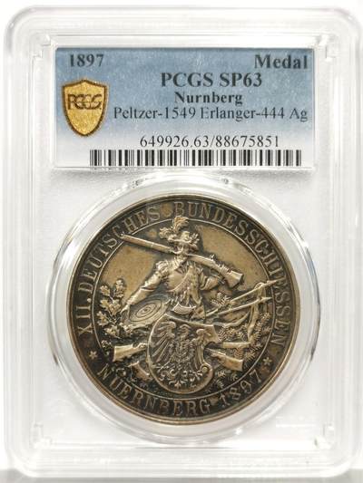 博洋堂“心向春光”2月精品大拍专场暨第160期（全场包邮） - PCGS SP63 德国纽伦堡1897年射击节景观银章，经典品种，双面高点具在，完美包浆状态