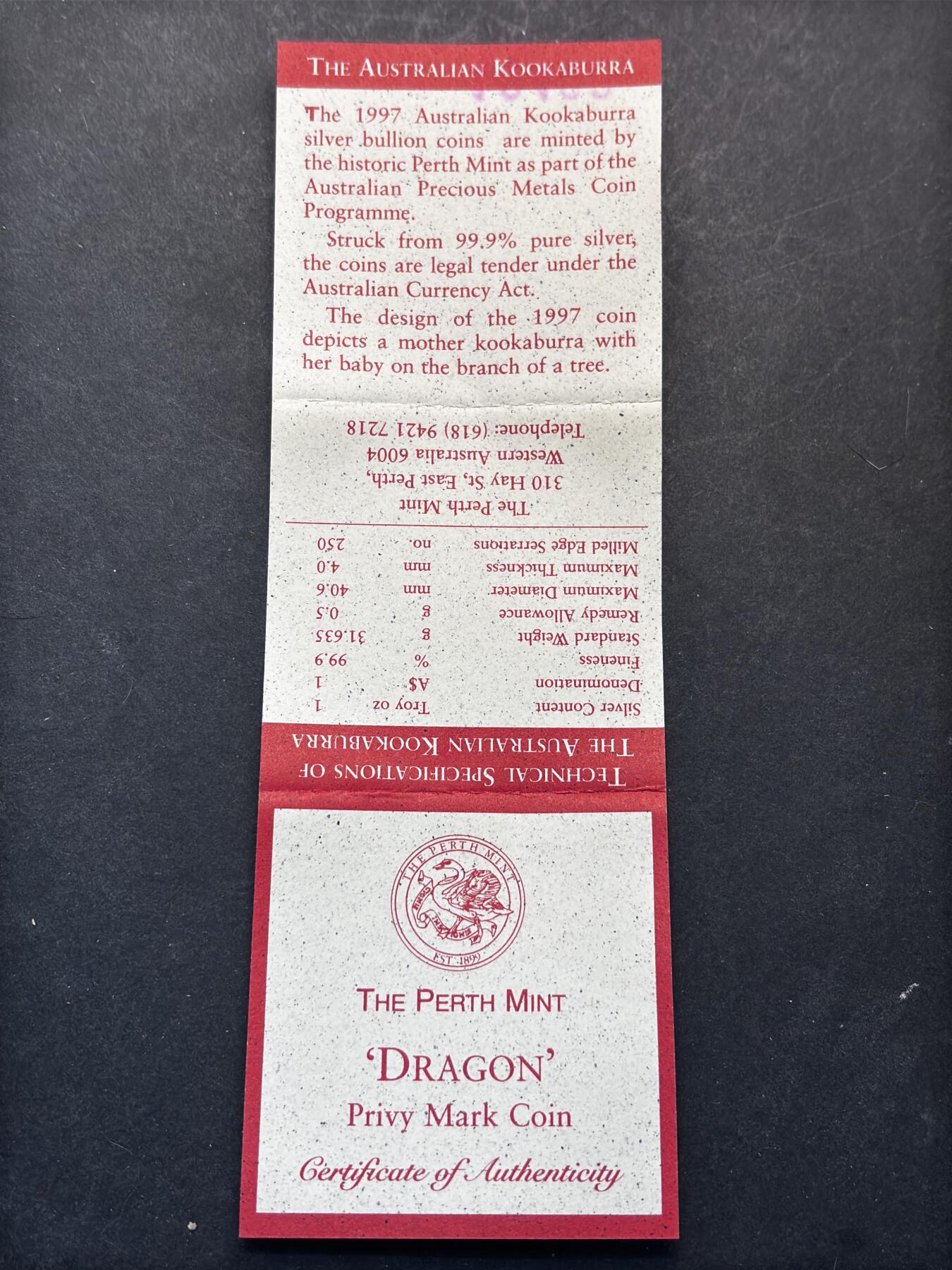 【金马踏春，泉马奔腾】2026 年新年贺岁场，（定于年初五接财神截拍）祝各位老板马到成功，马上有钱，愿岁岁平安喜乐顺遂 原盒带证书收藏 1997 年澳大利亚翠鸟系列 1 盎司大银币带 0.5 克纯银龙密印 31.635 克 999 纯银