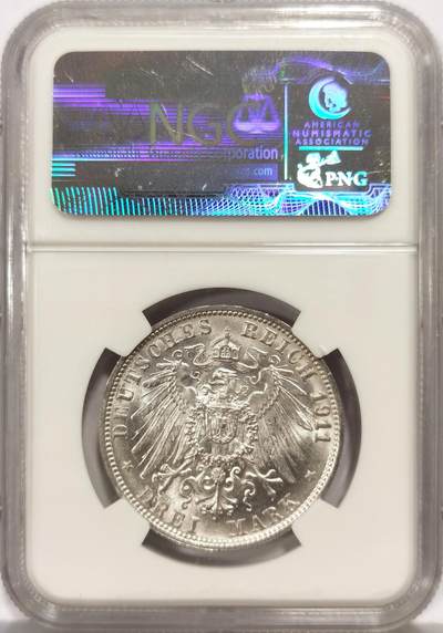 博洋堂世界钱币拍卖第162期（全场包邮） NGC MS65 德国符腾堡1911年银婚纪念3马克银币