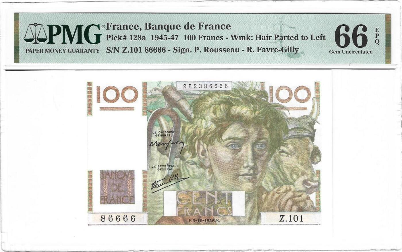 【Blue Auction】世界纸币精拍第783期——18级TOP拍卖/信誉/品质/专业/高效💫  【a版 近全同6 狮子6 倒置号】法国 1946年100法郎 PMG66EPQ 
