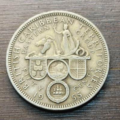 【铜匠收藏】★第147★散币专场 不寄存，30包邮。不满30元，支付5元运费。《接受代拍 代送NGC评级》 91【无寄存】英属东加勒比 1955年 50分