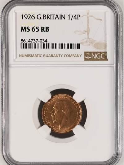 长老汇蛇年精选第九十八场拍卖 - 英国1926年乔治五世国王1法新，1/4便士铜币。第三版头像 相较前两版对于细节的营造更为清晰，整体更加工整。高分难得，严评，NGC MS65RB，亚军分更高分仅5枚
