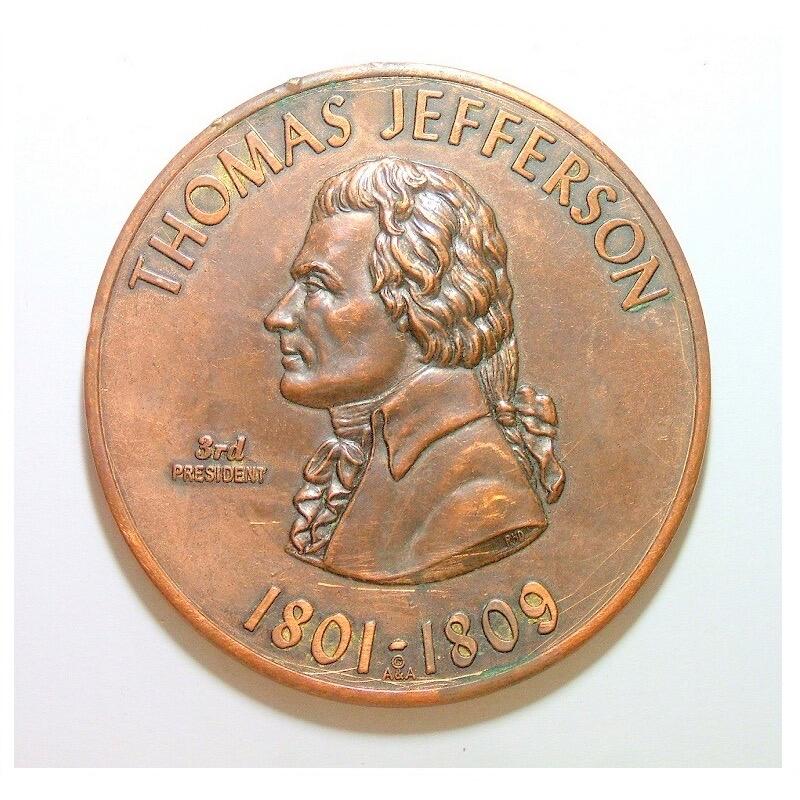 【旋风钱币】2月7日19:00准时开拍 精美欧洲币章、银币银章、第三帝国钱币等 全场包邮！ 美国国父杰弗逊总统+国徽 高浮雕精制超大铜章 78MM 75克