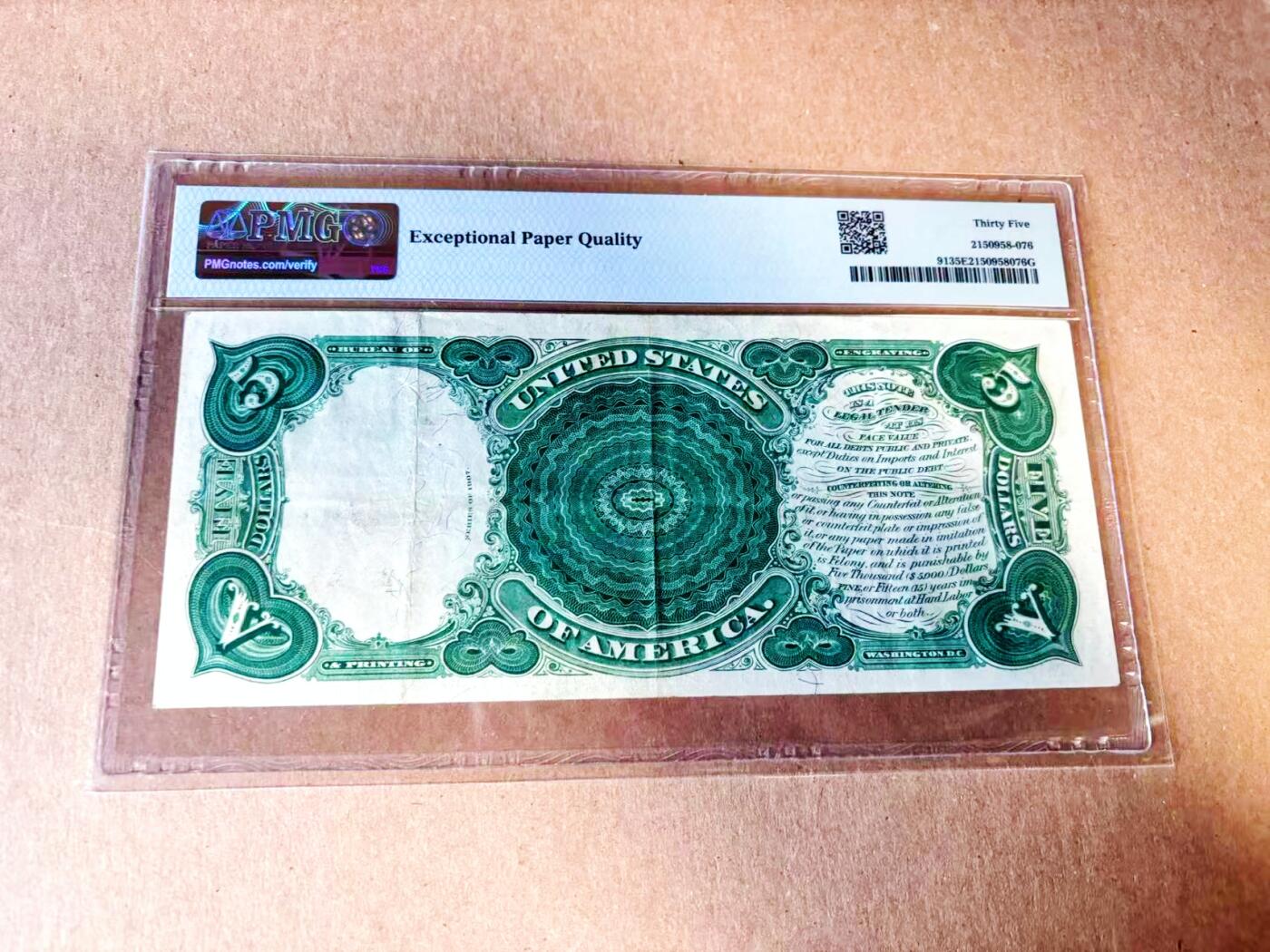【Blue Auction】世界纸币精拍第783期——18级TOP拍卖/信誉/品质/专业/高效💫 美国 1907年5美金 大票幅 伐木工 PMG35EPQ 