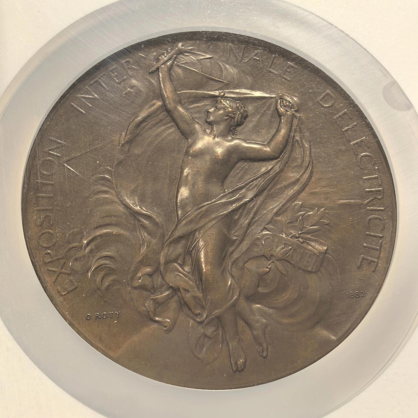 博洋堂“心向春光”2月精品大拍专场暨第160期（全场包邮） NGC MS63BN 法国1882年首届国际电力博览会纪念铜章，80mm（章牌大师奥斯卡·罗蒂作品）