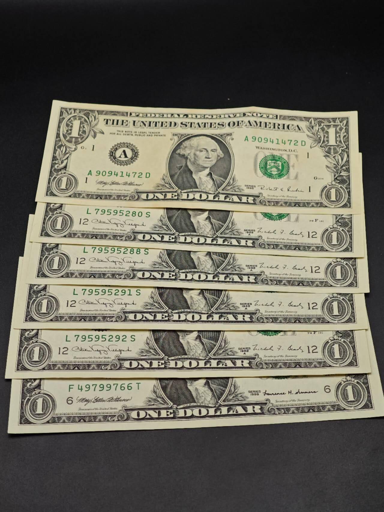 【淘币小摊】实时拍第八百六十五拍   纸币场    年前最后一周之前预留预留8号9号全部发出请更换最新收货地址不方便收货的请勿参拍或者顺丰到付 美国一美元纸币6张【有折】