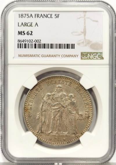 博洋堂“心向春光”2月精品大拍专场暨第160期（全场包邮） - NGC MS62 法国1875年大力神5法郎银币
