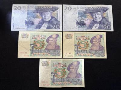 咖啡豆•收藏 2026年Feb_10th世界各国纸币拍卖 - 5枚 瑞典 5&20克朗 美品近新AU 外国纸币