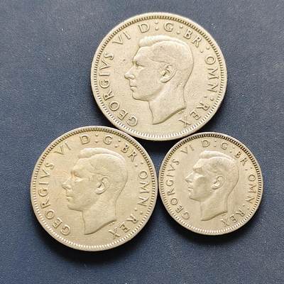 【全场包邮】纯粹捡漏拍522场 英国1948-1950年乔治六世1先令-半克朗3枚一组