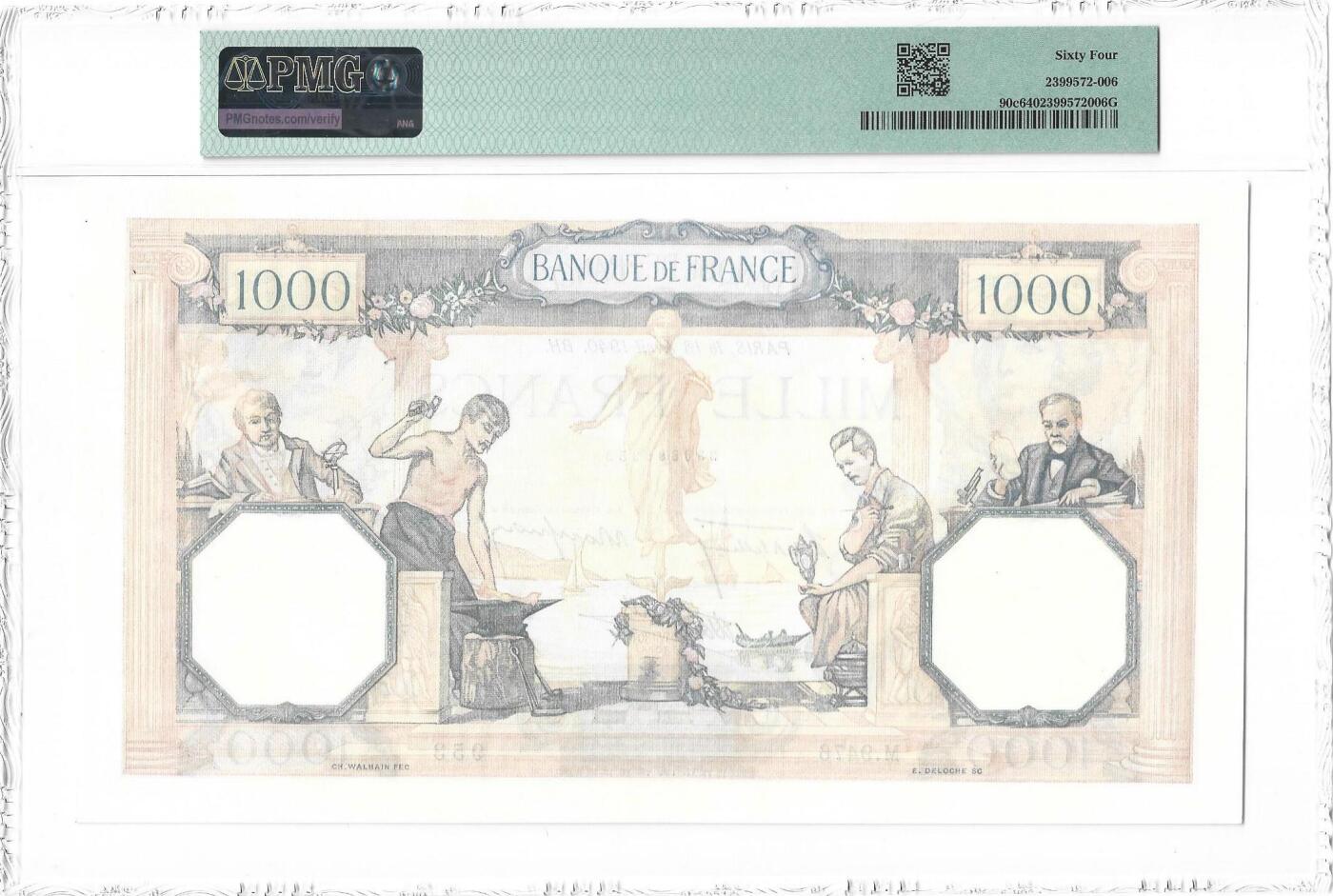 【Blue Auction】世界纸币精拍第783期——18级TOP拍卖/信誉/品质/专业/高效💫  【无47 无针孔】法国 1940年1000法郎 超大票幅 PMG64