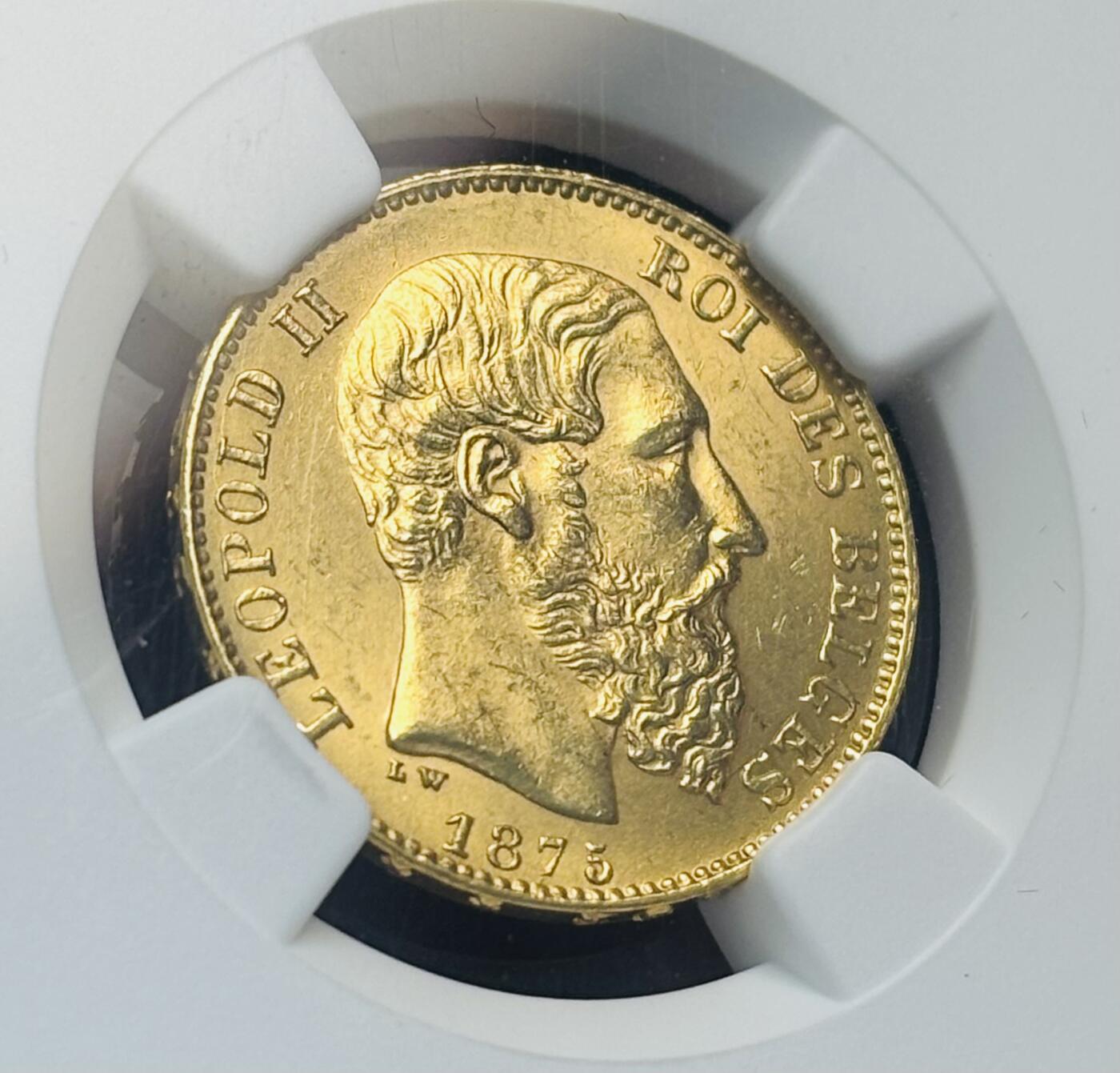【金马踏春，泉马奔腾】2026 年新年贺岁场，（定于年初五接财神截拍）祝各位老板马到成功，马上有钱，愿岁岁平安喜乐顺遂 1875 年比利时利奥波德二世 20 法郎金币，金光闪闪，1875 年也是利奥波德二世对海外扩张战略的转折点，NGC 评级 MS64 分，高分难得