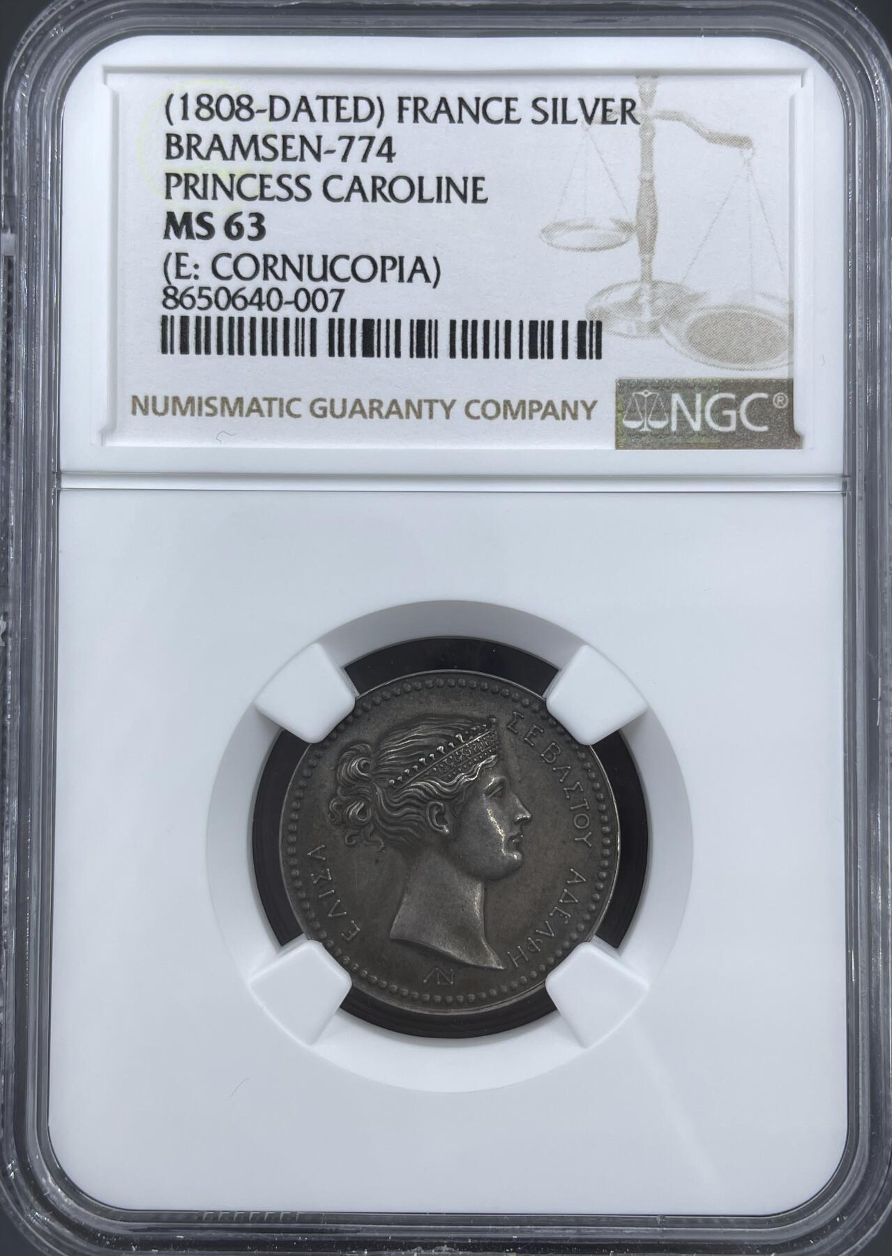 「木头集藏」“ 新岁撷珍”——章牌精品专场！  法国  卡洛琳·波拿巴 纪念银章 ，MS 63，直径：23 mm，品相很不错！