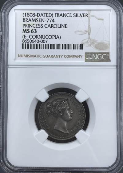 「木头集藏」“ 新岁撷珍”——章牌精品专场！ -  法国  卡洛琳·波拿巴 纪念银章 ，MS 63，直径：23 mm，品相很不错！