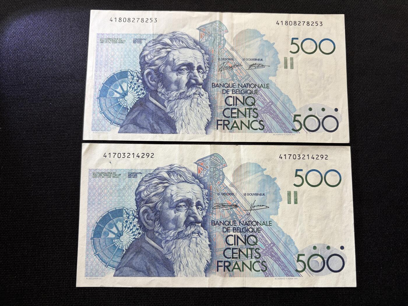 咖啡豆•收藏 2026年Feb_10th世界各国纸币拍卖 2枚 比利时 1982-1998年 500法郎 美品近新AU 外国纸币
