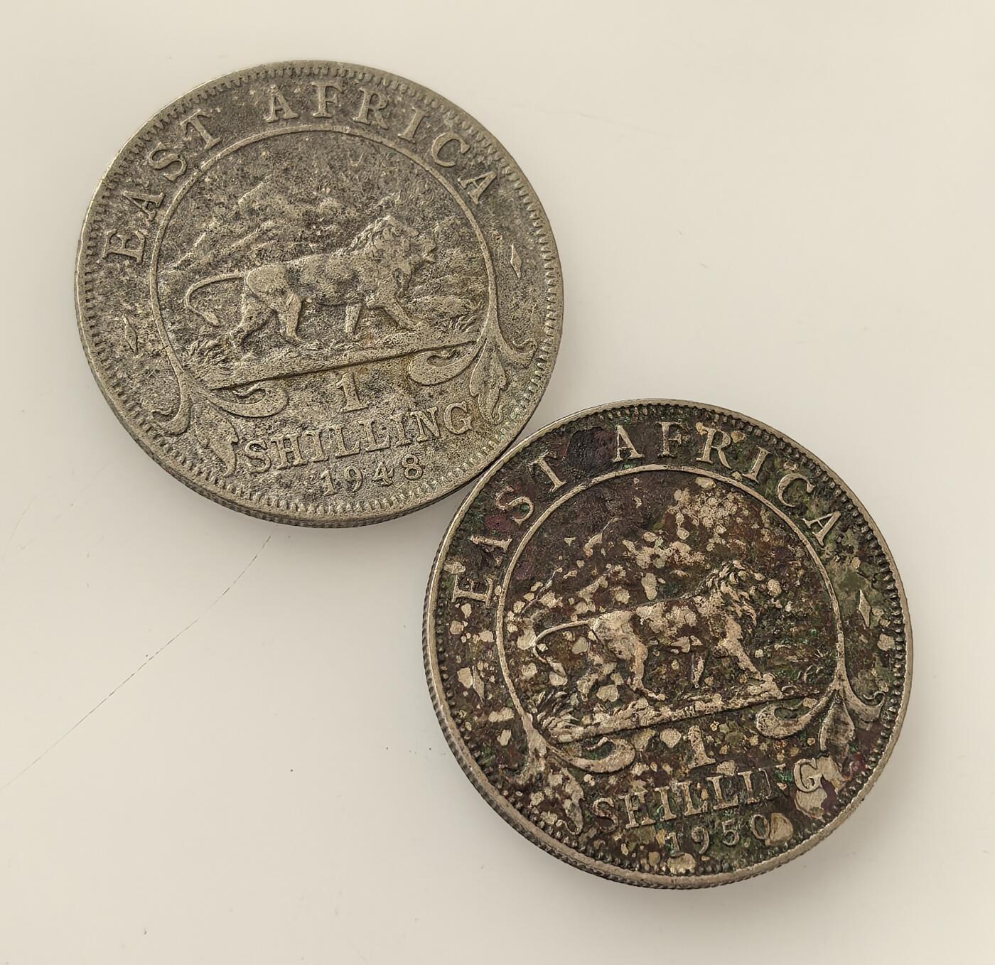外国优质老铜币高银银币，周六九点倒数截拍，满百包邮，持续收拍，年后发货 英属东非1948、1950 年 1 先令2枚，是英国殖民东非时期的流通货币。币面乔治六世头像与狮子图案，分别象征英王权威与殖民统治，磨损痕迹见证了当时殖民经济体系下的货币流通状况。