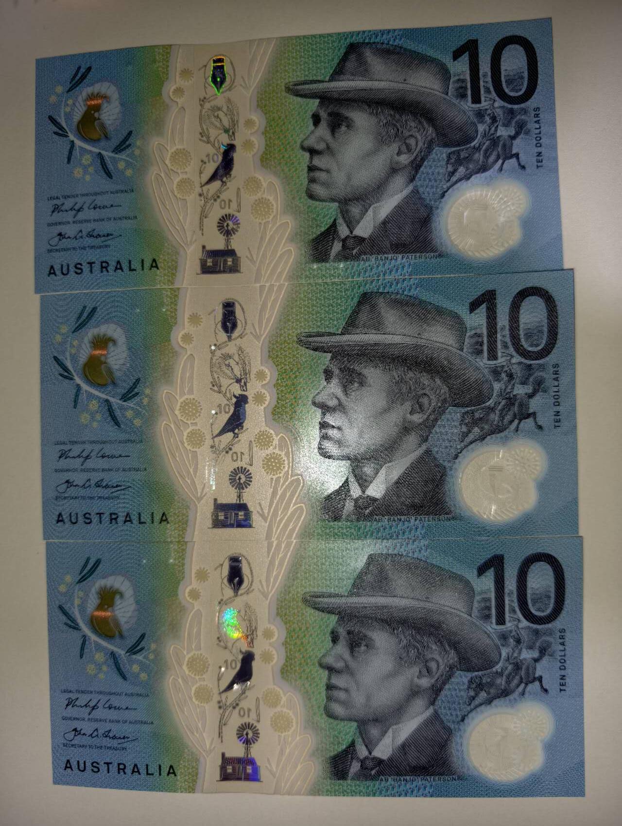 春节钱币瓷器清货捡漏拍场 澳大利亚新版明亮版10元塑料钞 全新UNC连号三张