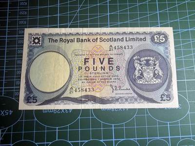 【炜奕收藏】，第五十九期，苏格兰多时期钞票，年前最后一期，拍后所有寄存物品将寄出 - 1974年苏格兰皇家银行5镑，品相如图