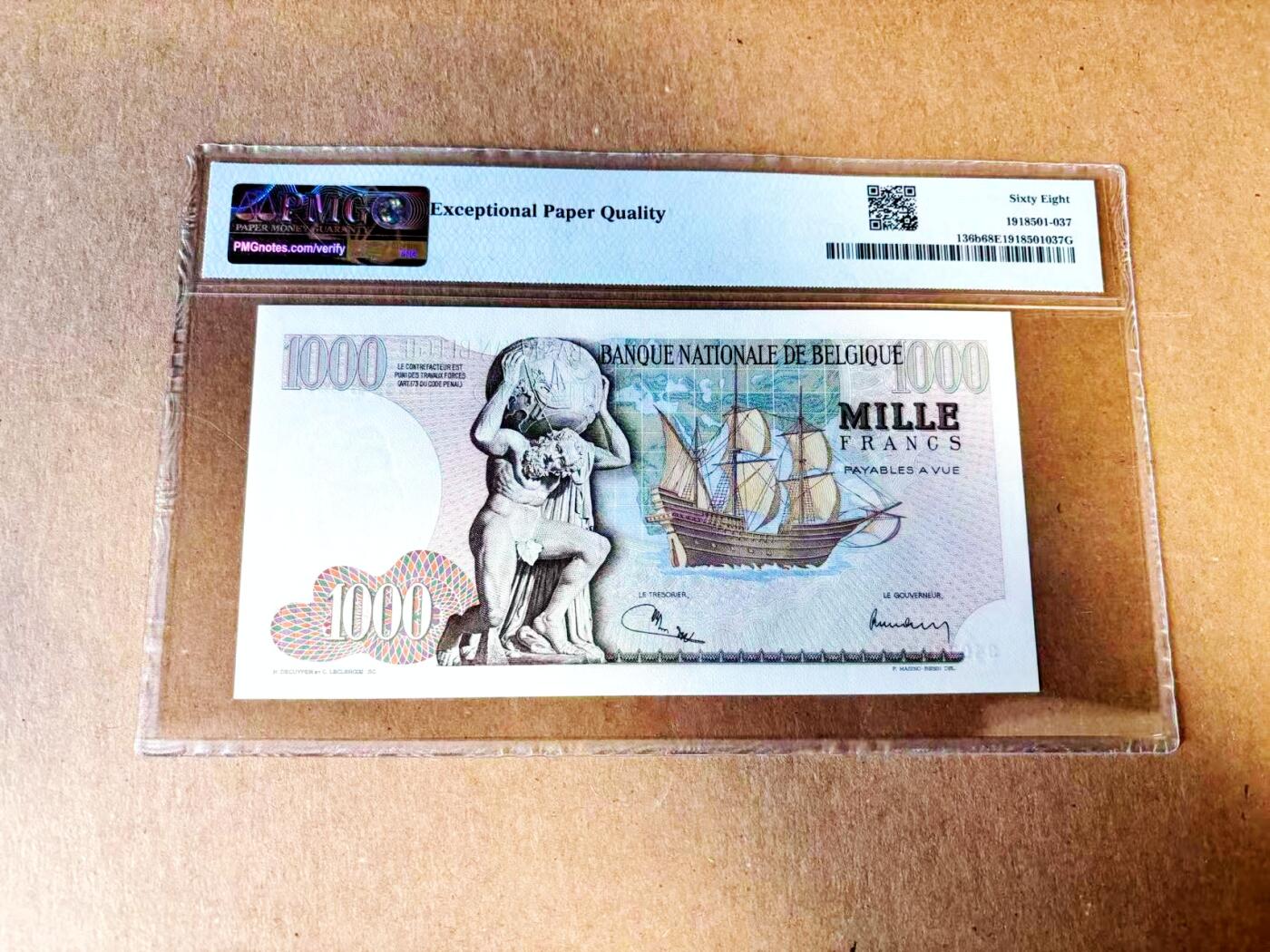 【Blue Auction】世界纸币精拍第783期——18级TOP拍卖/信誉/品质/专业/高效💫    【冠军分 仅4张 无47】比利时 1973年1000法郎 大力神 PMG68EPQ高分