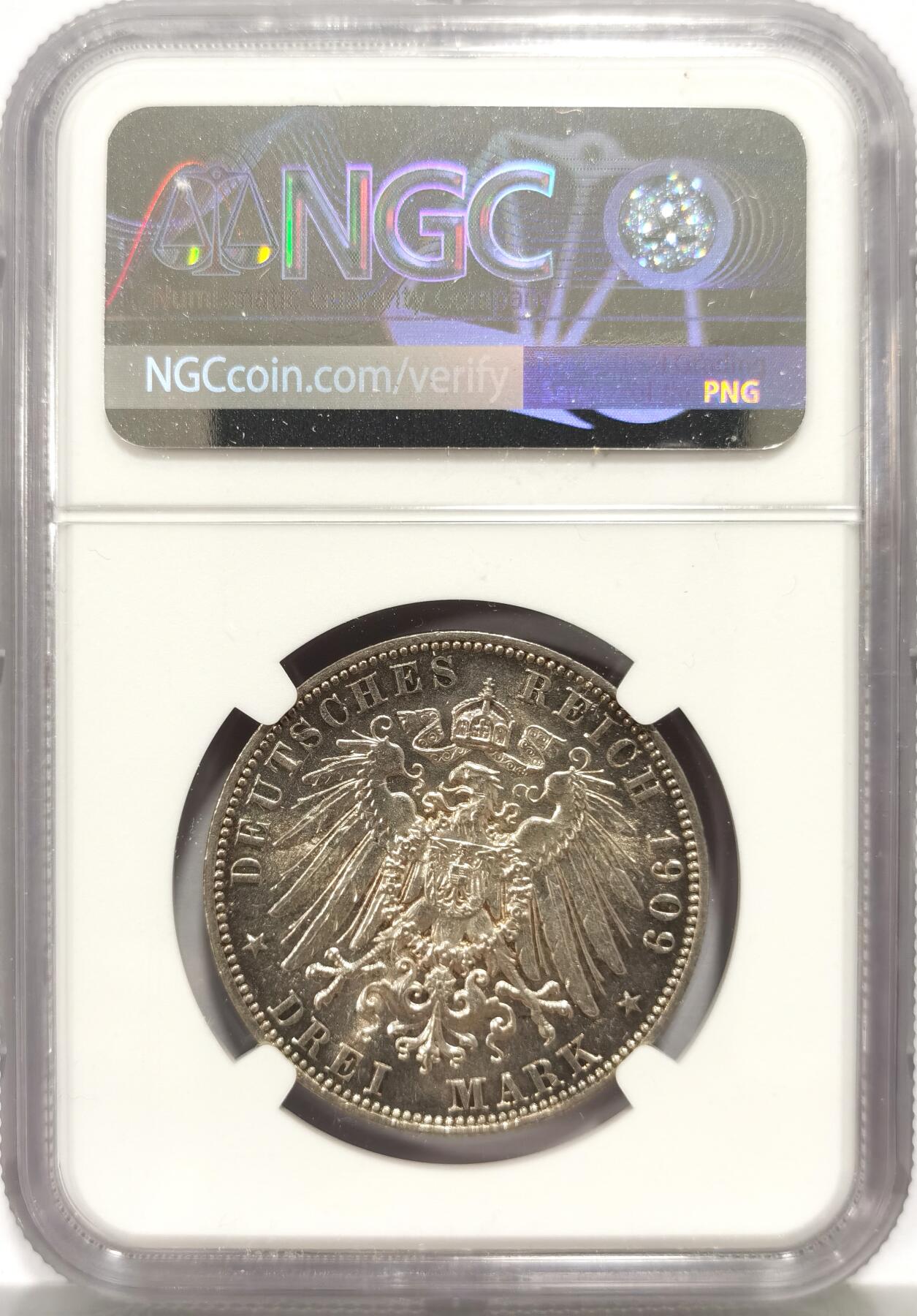 博洋堂“心向春光”2月精品大拍专场暨第160期（全场包邮） NGC MS61 德国萨克森1909年奥古斯特3马克银币，转光不错