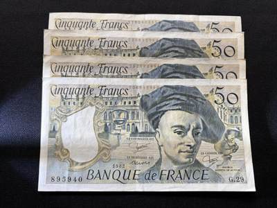 咖啡豆•收藏 2026年Feb_10th世界各国纸币拍卖 - 4枚 1982-1992年 法国 50法郎 美品近新AU 外国纸币