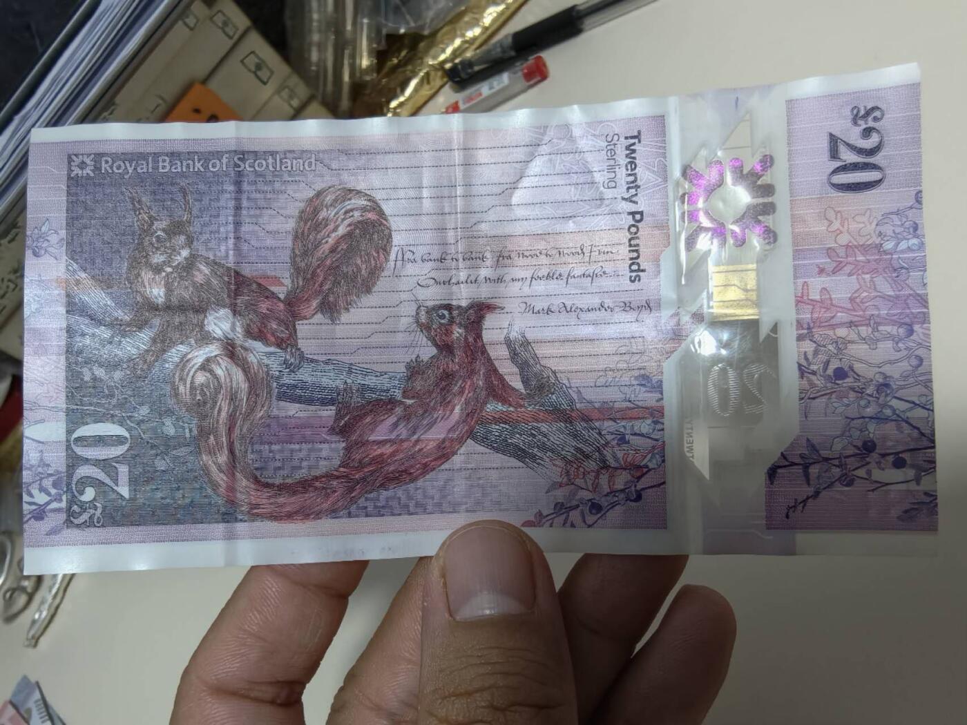 春节钱币瓷器清货捡漏拍场 2019年苏格兰皇家银行20镑塑料钞，品相如图有折痕，高贵紫，诗人，塑料钞大幅人像雕刻天花板，背面可爱双松鼠，艺术性很强的一张