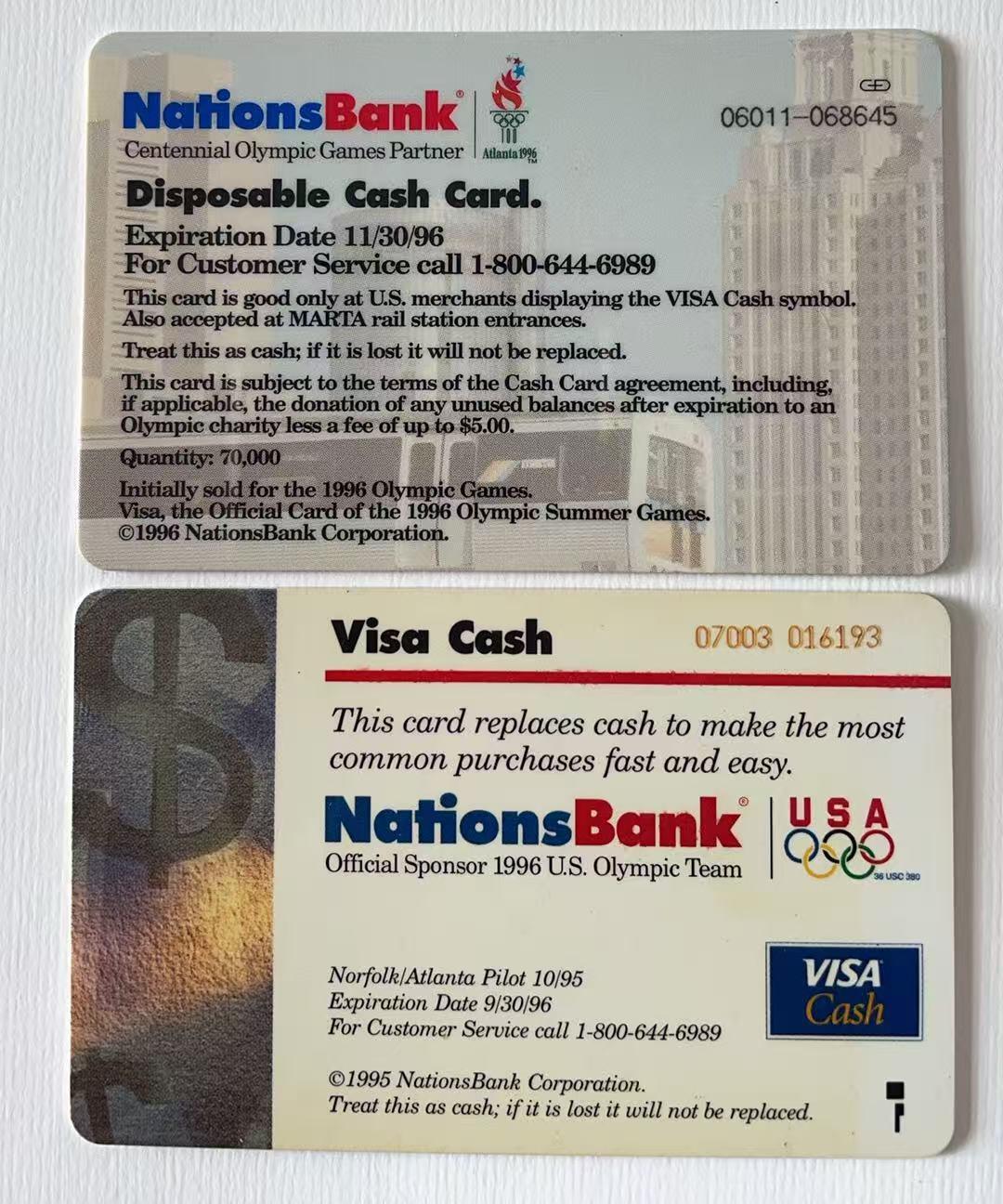 《卡拍》第344期拍卖2月7日晚22：10时延时截拍 美国国家银行VISA Cash现金卡《96亚特兰大奥运会美国队官方赞助商》试用IC卡一枚，《亚特兰大奥运公交专线》IC卡一枚（可用于该专线公交），芯片有氧化，中上品。