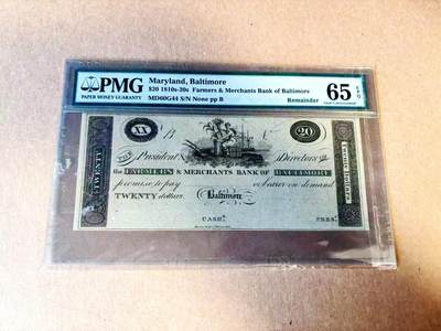 【Blue Auction】世界纸币精拍第783期——18级TOP拍卖/信誉/品质/专业/高效💫 - 美国 马里兰州 1810-20年代20美金 PMG65EPQ 