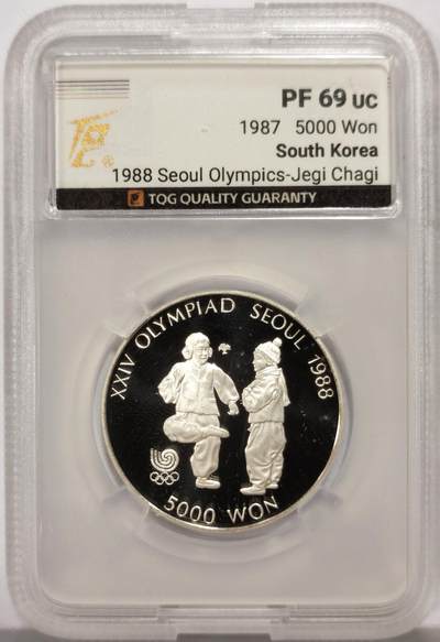 博洋堂“心向春光”2月精品大拍专场暨第160期（全场包邮） - TQG PF69UC 韩国1987年5000韩元精制银币 汉城奥运会-踢毽子 925银16.81克