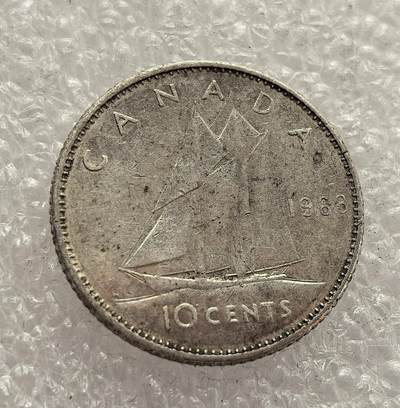 外国优质老铜币高银银币，周六九点倒数截拍，满百包邮，持续收拍，年后发货 - 加拿大 1968 年   10 分银币，属于伊丽莎白二世时期的流通货币。币面的 “蓝鼻子” 号帆船是加拿大航海与渔业文化的象征，见证了加拿大战后经济稳定发展与国家文化认同的塑造，也是加拿大货币体系中极具代表性的一枚。