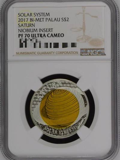长老汇蛇年精选第九十八场拍卖 - 帕劳2017年 太阳系土星银铌双金属精制银币 三色材质，发行量3000枚，NGC PF70UC