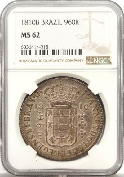 博洋堂“心向春光”2月精品大拍专场暨第160期（全场包邮） - NGC MS62 葡属巴西1810年B版若昂六世960瑞斯地球银币，加盖在墨西哥卡洛斯四世双柱上，正面卡四头像及背面Mo FT都非常清晰，又是稀少首年，值得收藏的一枚