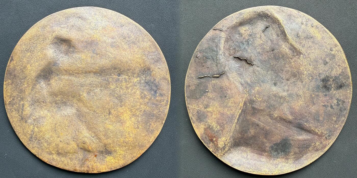 「木头集藏」“ 新岁撷珍”——章牌精品专场！ M.LORDONNOIS ～法国新艺术风格医学浇铸大铜章一对，直径：140mm，正面: 外科医生 勒·德·G.马里昂 。 背面: 医学博士G. 马里昂外科医生在医院     作为善于设计体育类章牌的新艺术雕刻大师，M.LORDONNOIS 所铸医学类章牌罕见，这是同一套章牌的正、反两面独立的单面浇铸大铜章。一对难得！