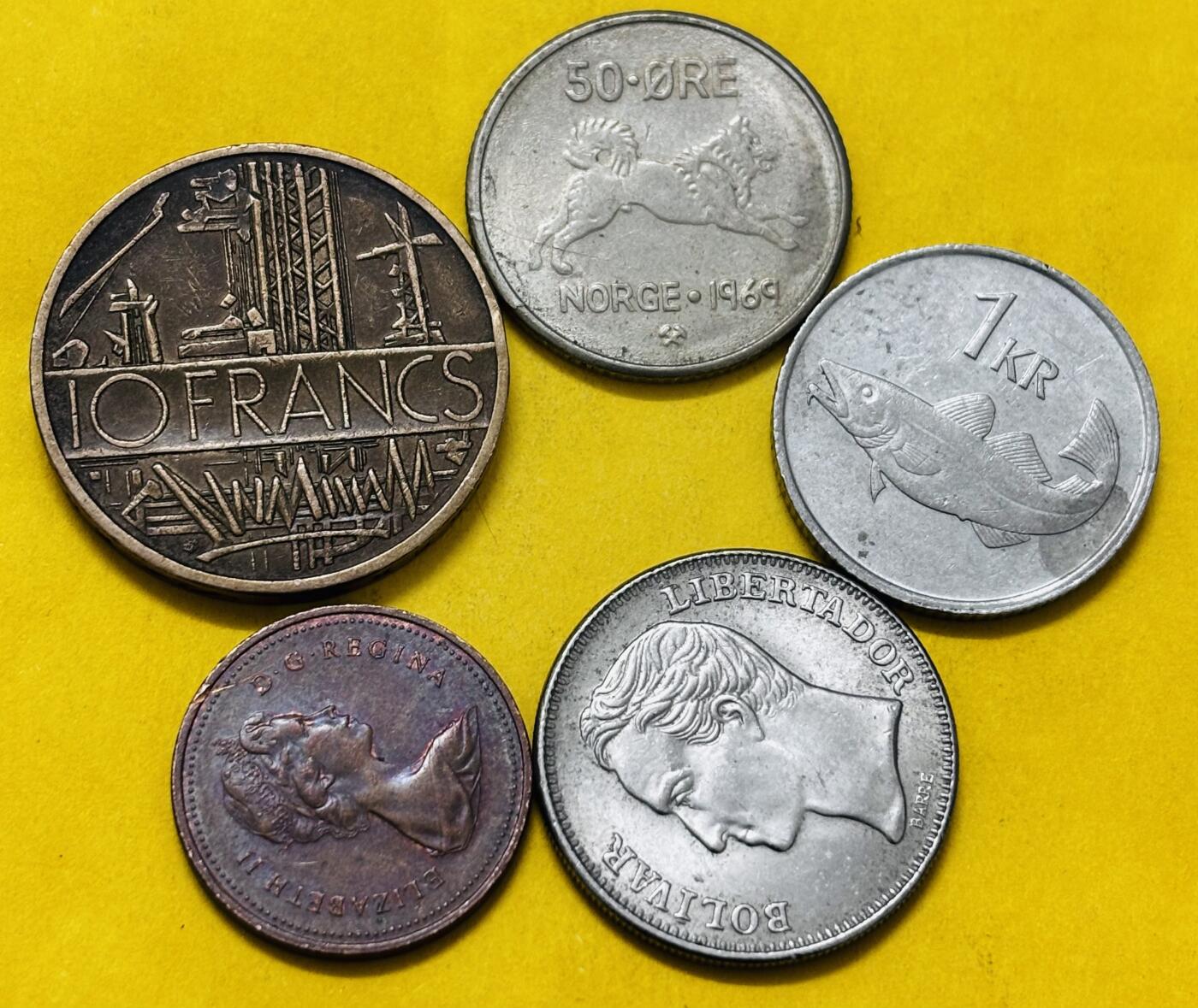 文馨钱币收藏第 293 场，春节前最后一期全部发出，将不予寄存，请悉知 法国，挪威，加拿大，委内瑞拉，冰岛 5 枚