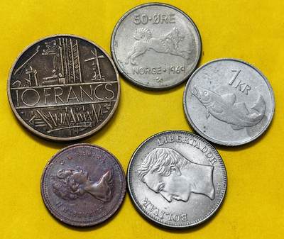 文馨钱币收藏第 293 场，春节前最后一期全部发出，将不予寄存，请悉知 - 法国，挪威，加拿大，委内瑞拉，冰岛 5 枚