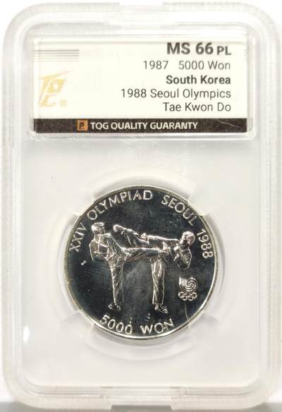 博洋堂“心向春光”2月精品大拍专场暨第160期（全场包邮） - TQG MS66PL 韩国1987年5000韩元普制银币 汉城奥运会-跆拳道 925银16.81克 数量是精制的一半
