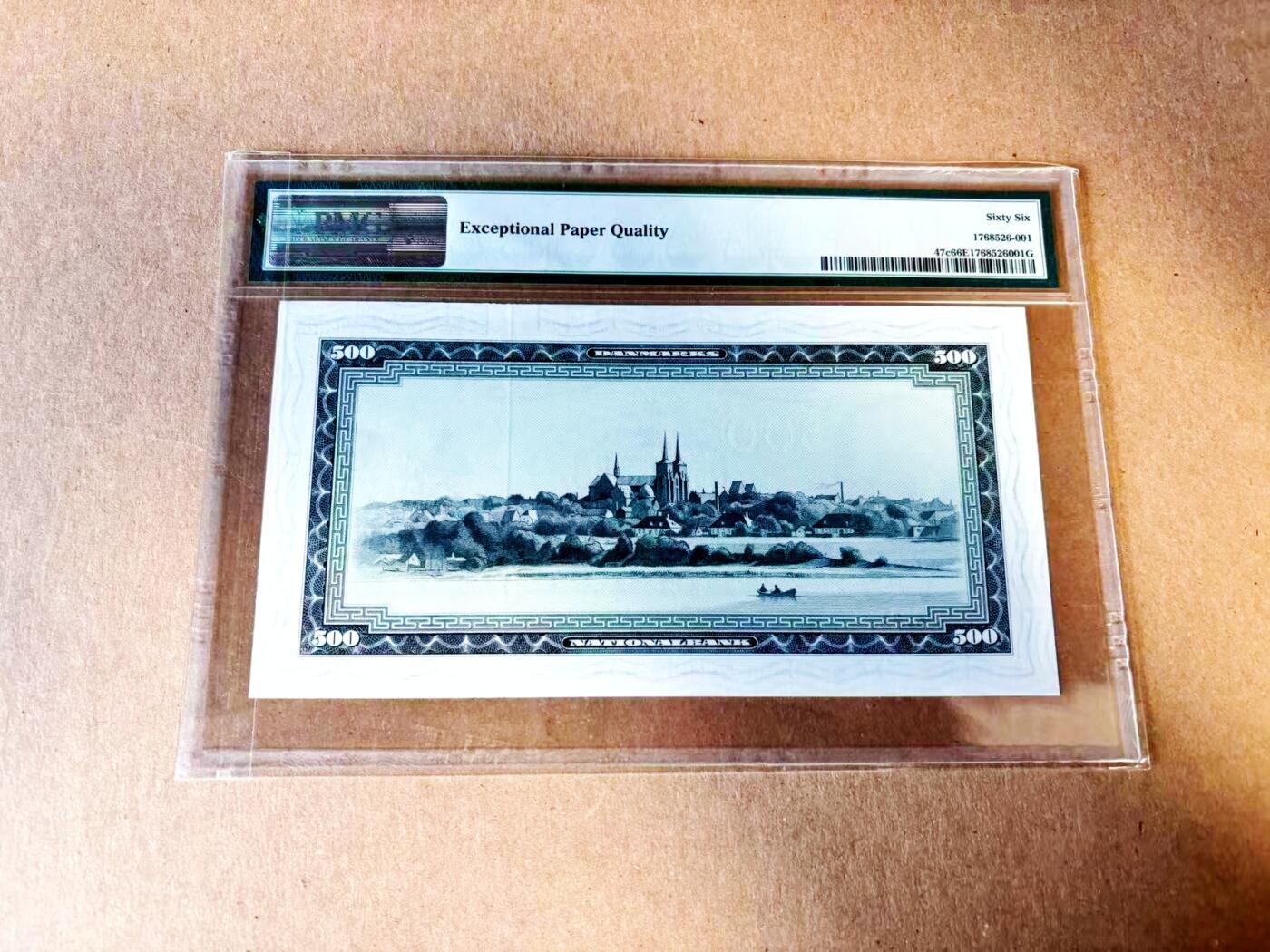 【Blue Auction】世界纸币精拍第783期——18级TOP拍卖/信誉/品质/专业/高效💫   【仅1张更高分 无47】丹麦 1967年500克朗最高值 PMG66EPQ高分少见 背面罗斯基勒风光非常唯美 值得收藏