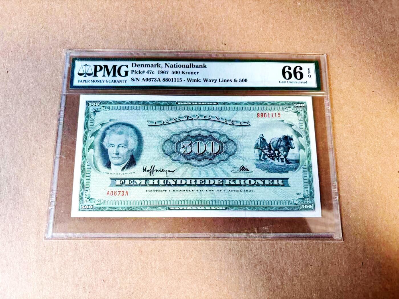 【Blue Auction】世界纸币精拍第783期——18级TOP拍卖/信誉/品质/专业/高效💫   【仅1张更高分 无47】丹麦 1967年500克朗最高值 PMG66EPQ高分少见 背面罗斯基勒风光非常唯美 值得收藏