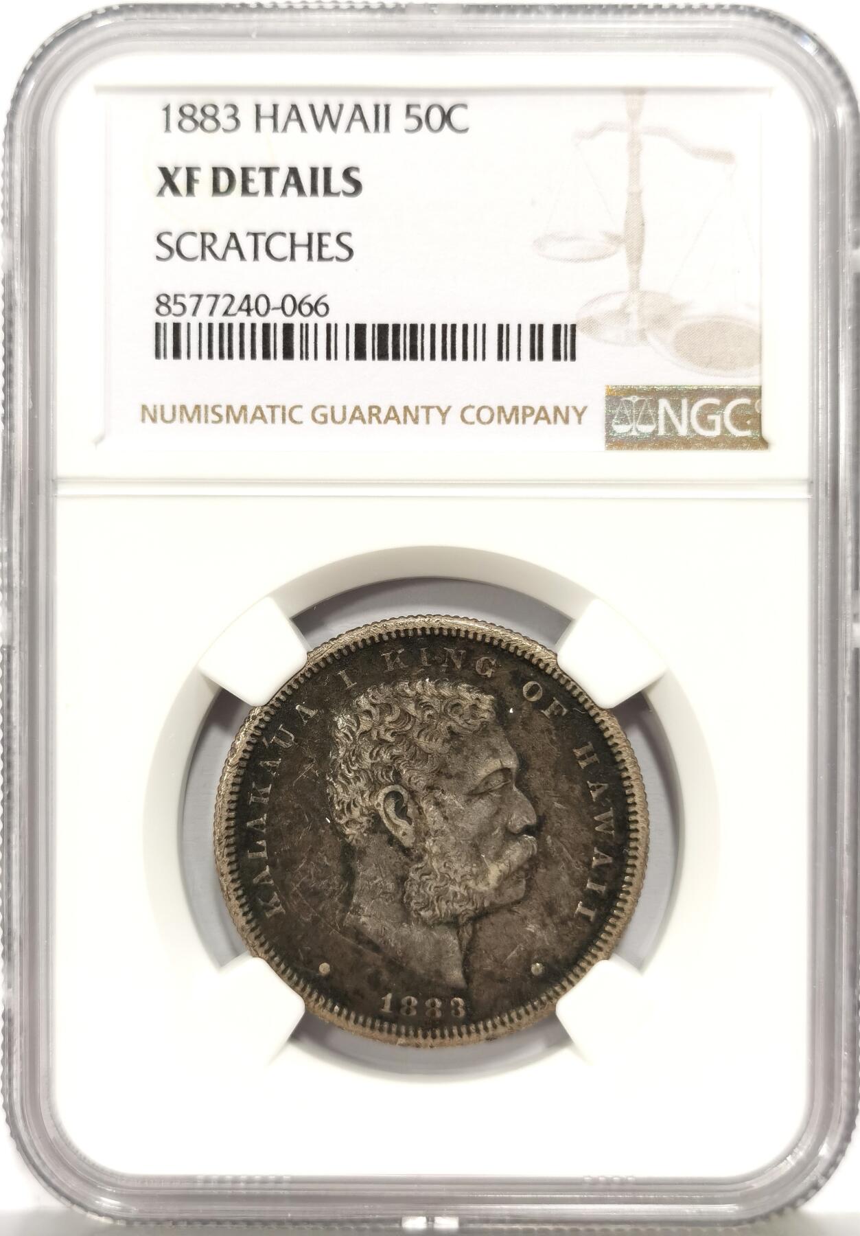 博洋堂“心向春光”2月精品大拍专场暨第160期（全场包邮） NGC XFD 夏威夷王国1883年卡拉卡瓦一世50分，全深打，整体呈现黑色的老包浆，味道非常好，有点严评了，重评有很大概率出分