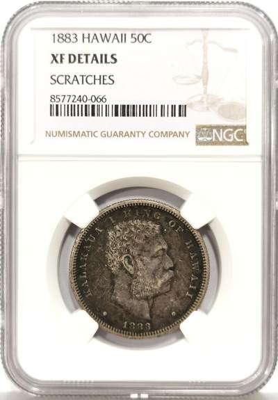 博洋堂“心向春光”2月精品大拍专场暨第160期（全场包邮） - NGC XFD 夏威夷王国1883年卡拉卡瓦一世50分，全深打，整体呈现黑色的老包浆，味道非常好，有点严评了，重评有很大概率出分