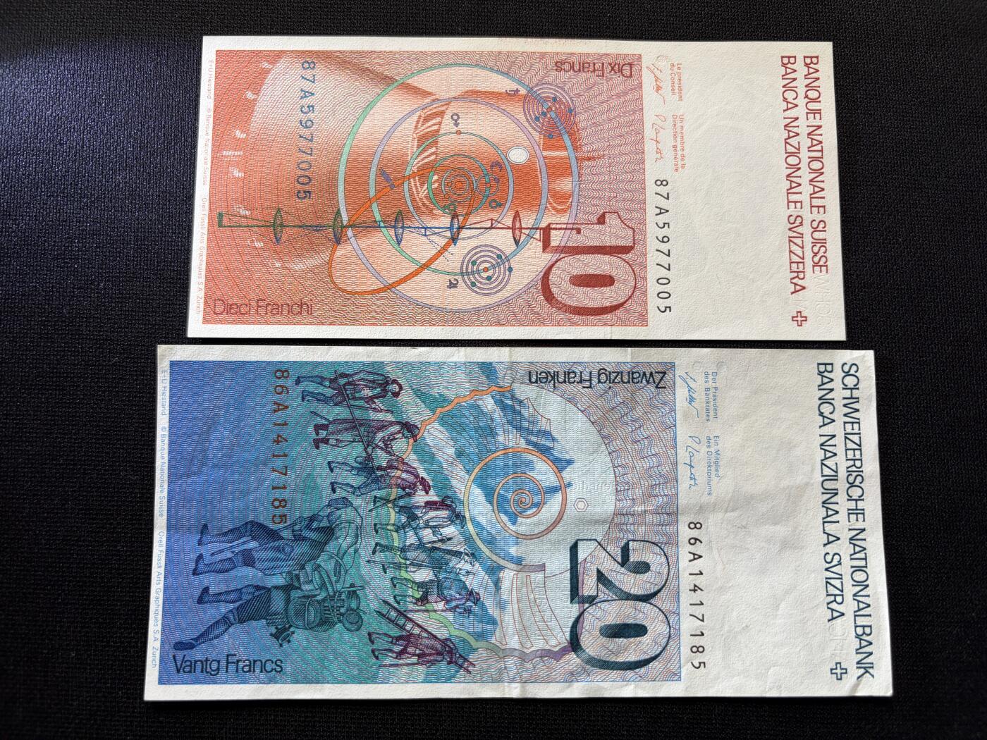 咖啡豆•收藏 2026年Feb_10th世界各国纸币拍卖 2枚 瑞士 1986-1987年 10&20法郎 美品近新AU 外国纸币