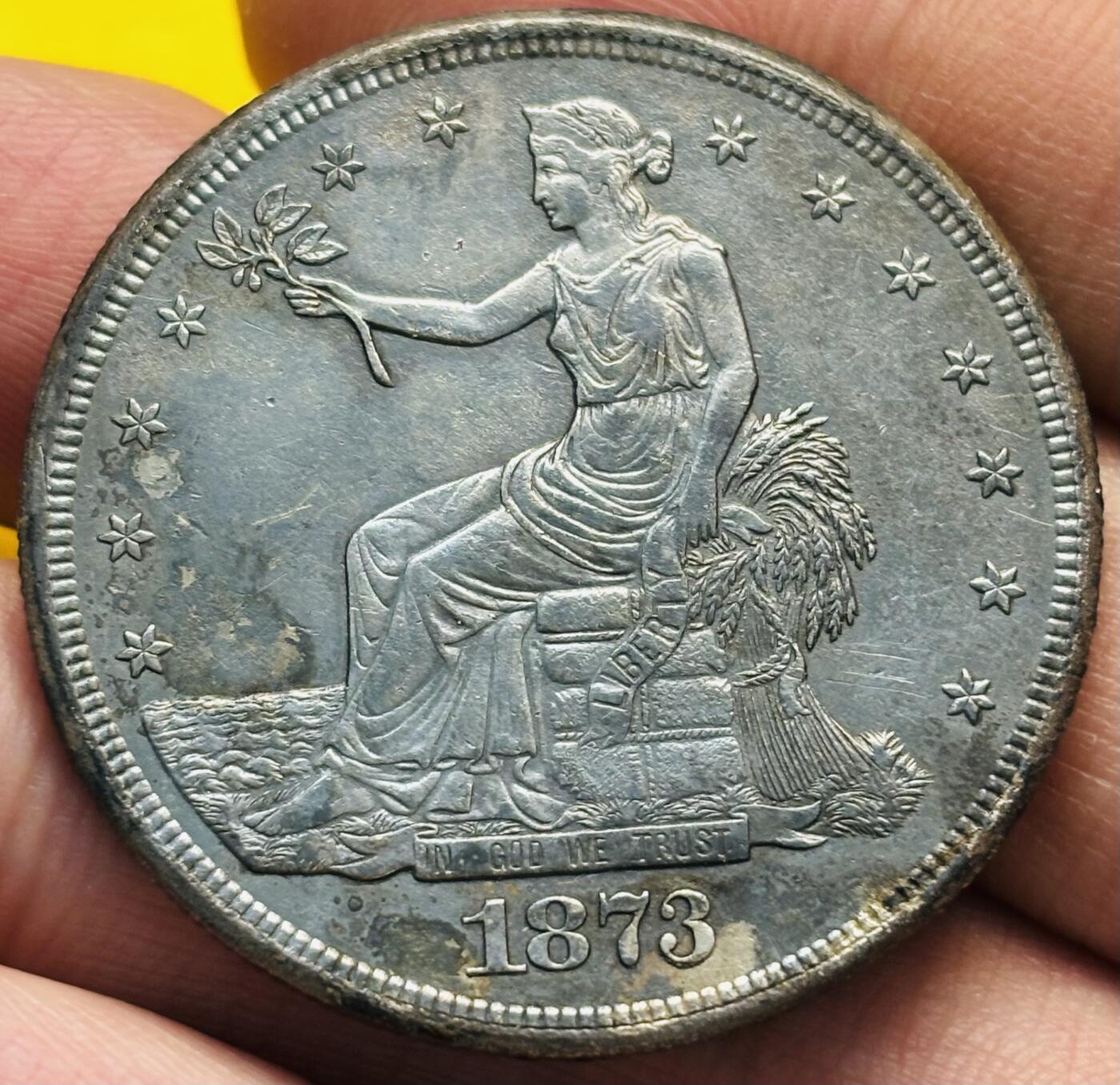 【金马踏春，泉马奔腾】2026 年新年贺岁场，（定于年初五接财神截拍）祝各位老板马到成功，马上有钱，愿岁岁平安喜乐顺遂 少见好品 1873 年美国拿花贸易银一元银元，老包浆老味道 900银