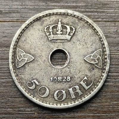 【铜匠收藏】★第147★散币专场 不寄存，30包邮。不满30元，支付5元运费。《接受代拍 代送NGC评级》 5【无寄存】挪威 1928年 7字版中孔 50欧尔