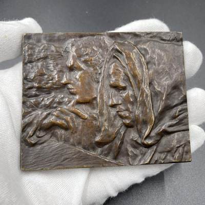 「木头集藏」“ 新岁撷珍”——章牌精品专场！ - Michel Cazin～1904年SAMF作品21号作品“风平浪静”铜章。尺寸：66 × 81 mm，182 g,边铭：丰饶角 BRONZE 火蝾螈 限量编号186，铜章铸量132枚，大尺寸很有手感，品相不错，SAMF协会章是法国新艺术章牌最杰出的代表，历来受到章牌收藏者的追捧。