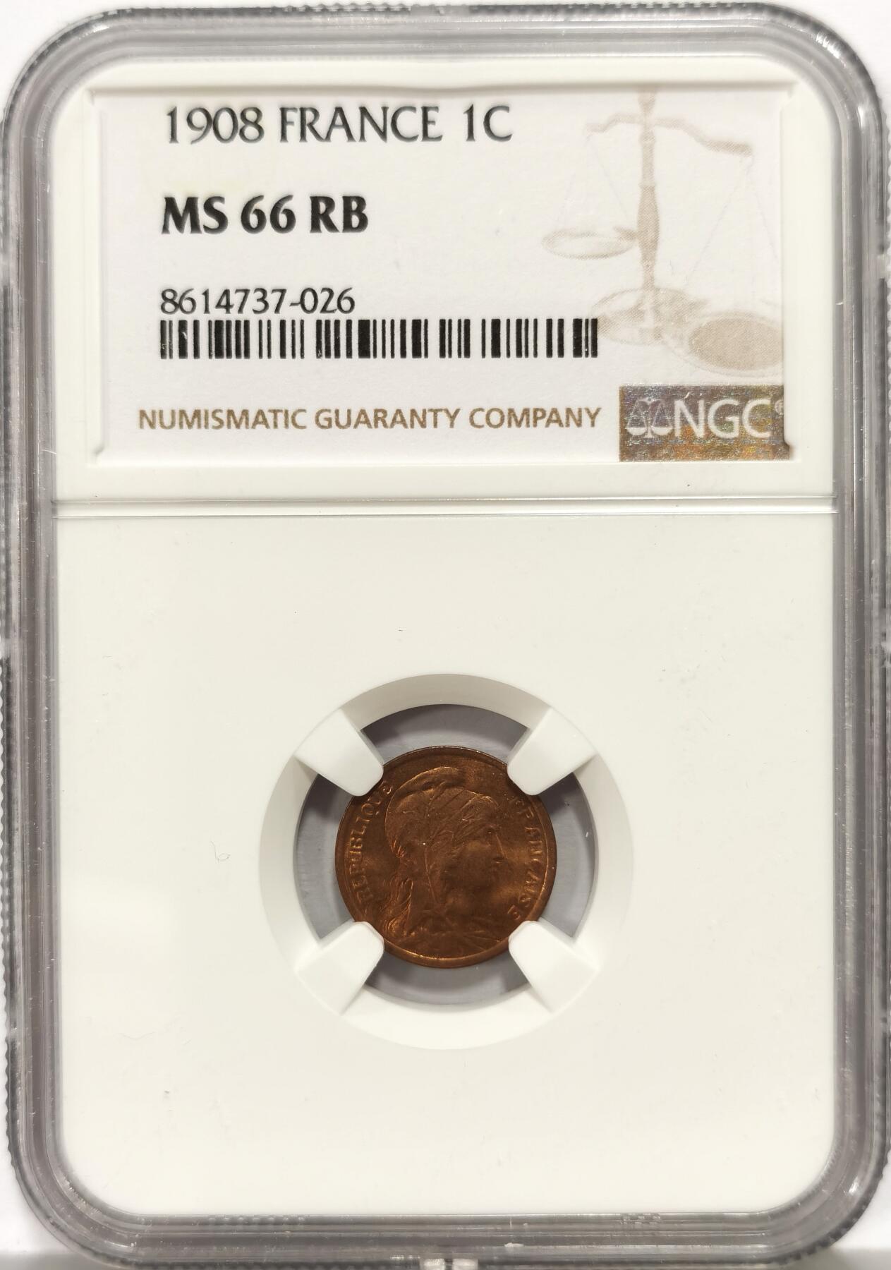 博洋堂“心向春光”2月精品大拍专场暨第160期（全场包邮） NGC MS66RB 法国1908年玛丽安娜头像1生丁铜币，来自拍行的小批量库存，百年来未留下丝毫被岁月侵蚀的痕迹，没有理由的RB，送pc的全给了red，分数也大有低估。