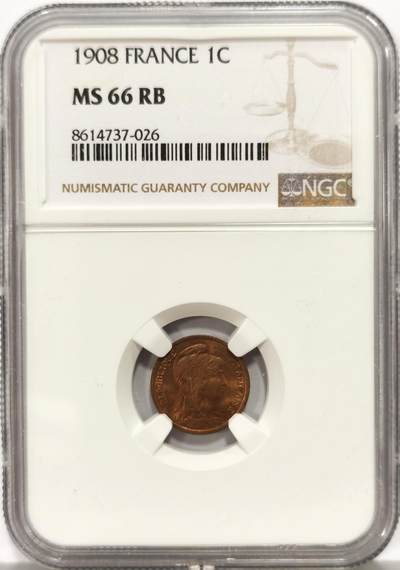 博洋堂“心向春光”2月精品大拍专场暨第160期（全场包邮） - NGC MS66RB 法国1908年玛丽安娜头像1生丁铜币，来自拍行的小批量库存，百年来未留下丝毫被岁月侵蚀的痕迹，没有理由的RB，送pc的全给了red，分数也大有低估。