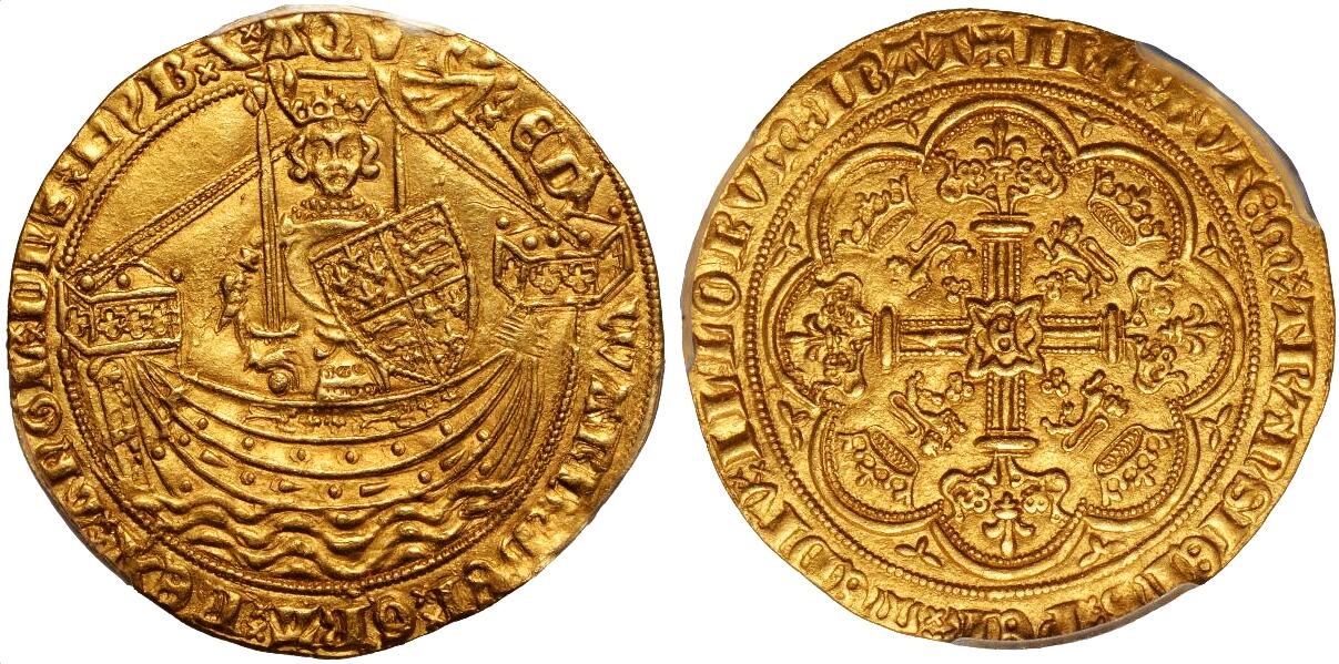 【Blue Auction】世界纸币精拍第783期——18级TOP拍卖/信誉/品质/专业/高效💫   英国 爱德华三世 1361-69年 Noble大金币 PCGS MS62 细节非常好  高纯度大克重金光灿灿 中世纪英国金币的瑰宝值得收藏 （头戴王冠、身披铠甲的爱德华正面站在中世纪战舰上，右手持剑，左手持盾，象征着英格兰的海上霸权和跨海峡贸易与军事的命脉，见证了英法百年战争初期英格兰的国力与雄心，是国家经济实力和君主信用的象征）同分同版S-1502曾拍了1.8万美金