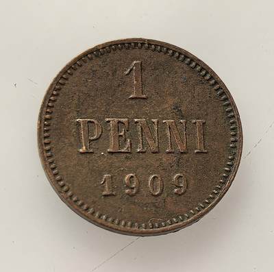 外国优质老铜币高银银币，周六九点倒数截拍，满百包邮，持续收拍，年后发货 - 芬兰大公国（沙俄附属时期1909 年1 盆尼铜币，币面花押为沙皇尼古拉二世的皇家纹章。作为小额流通货币，它见证了俄占时期芬兰的殖民经济体系与政治从属关系。
