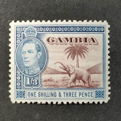 ↓君缘收藏735期☞钱币邮品↓无佣金、可寄存、满30元包邮  - 英属冈比亚邮票，1946年乔治六世国王·大象与棕榈树邮票雕刻版