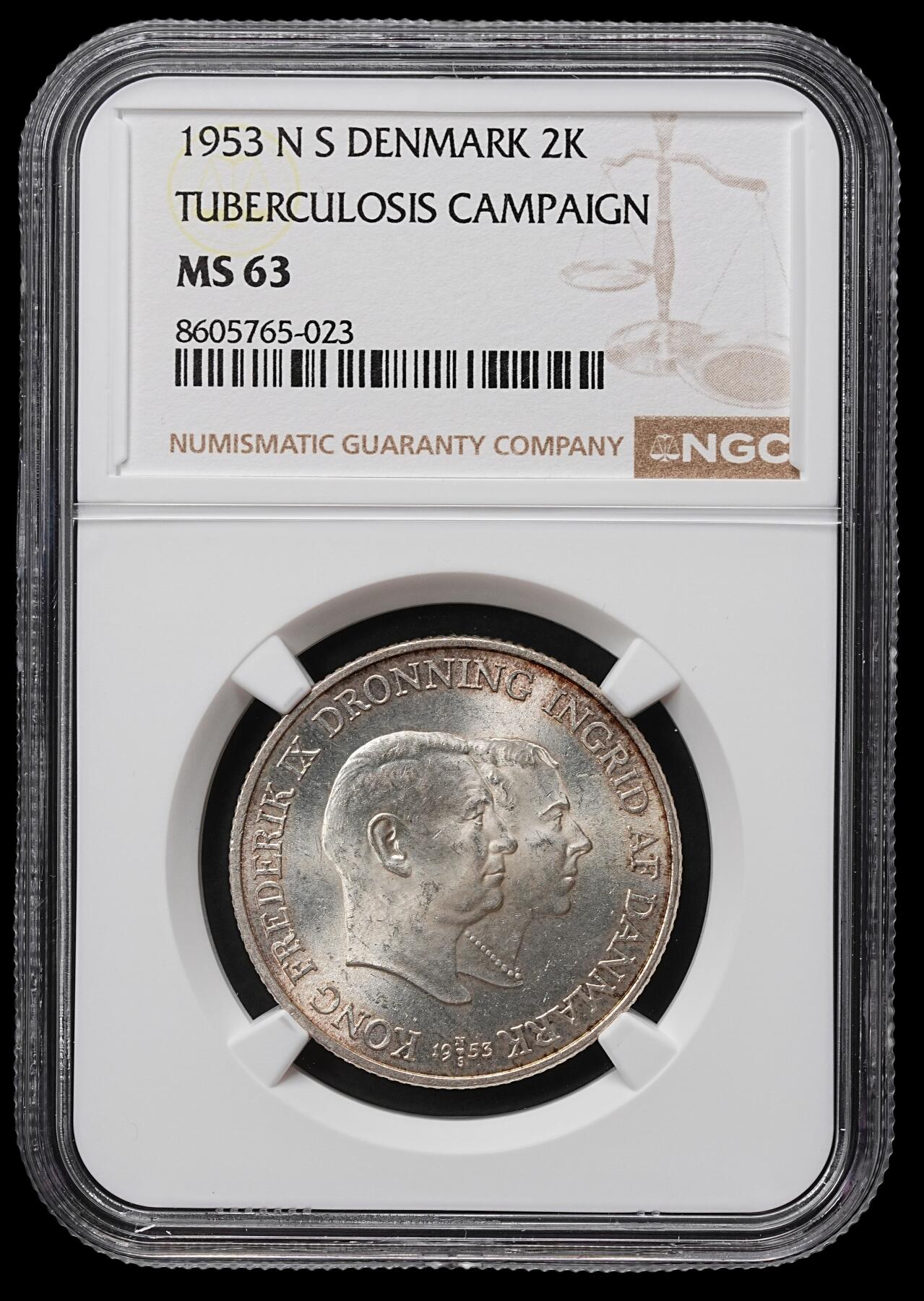 修遠堂世界钱币第104期 NGC MS63 1953年丹麦格林兰结核防治纪念2克朗银币 